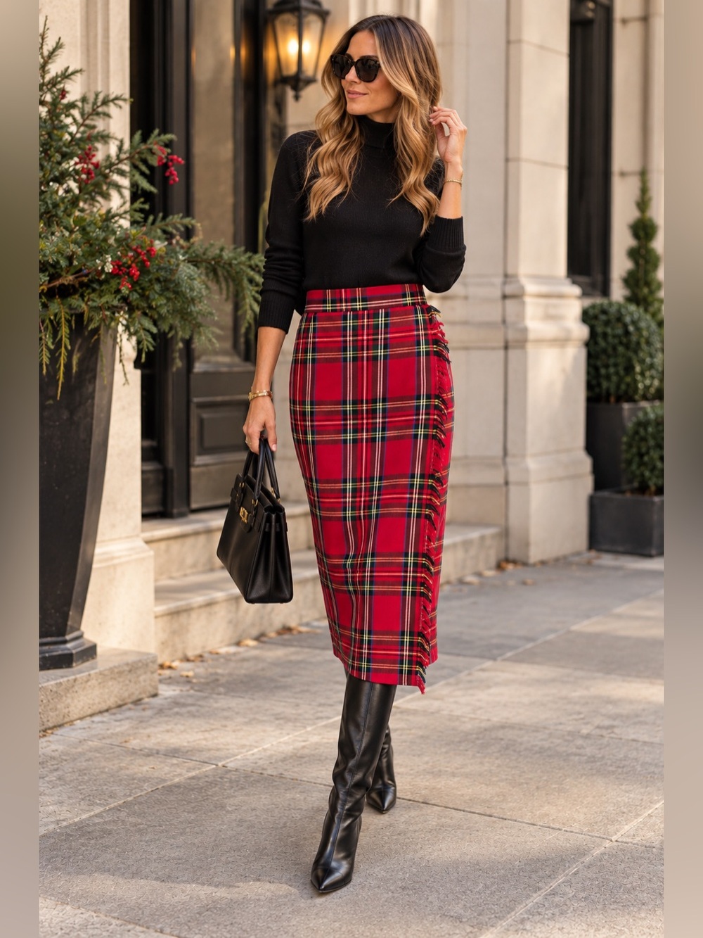 Talbots Vintage Wool Plaid Midi Skirt in Red & Black Size 6
